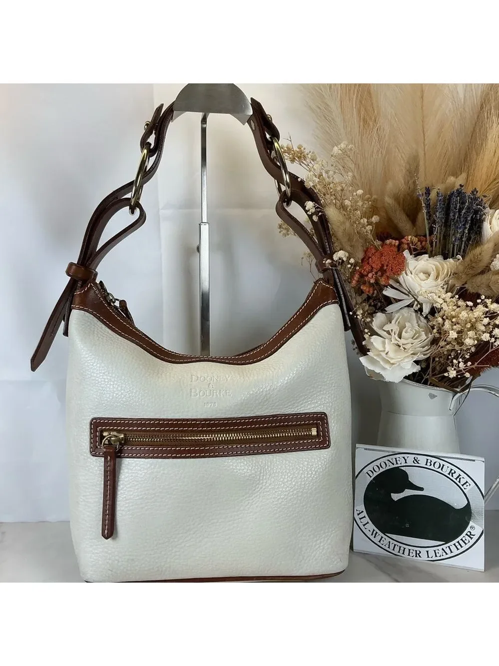 Dooney & Bourke Vintage White Cream and Brown Hobo Shoulder‎ Bag
